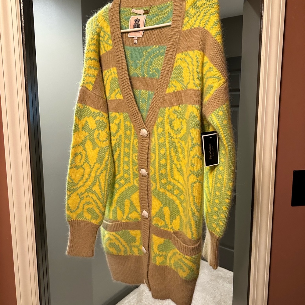 Juicy Couture Yellow and Tan Patterned Cardigan